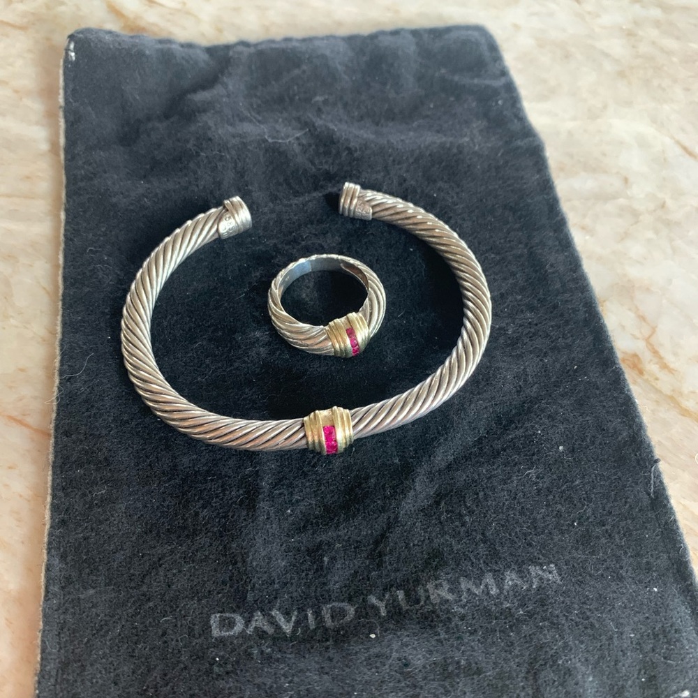 David Yurman 14K gold sterling silver Red Ruby Bangle 7” bracelet and ring.